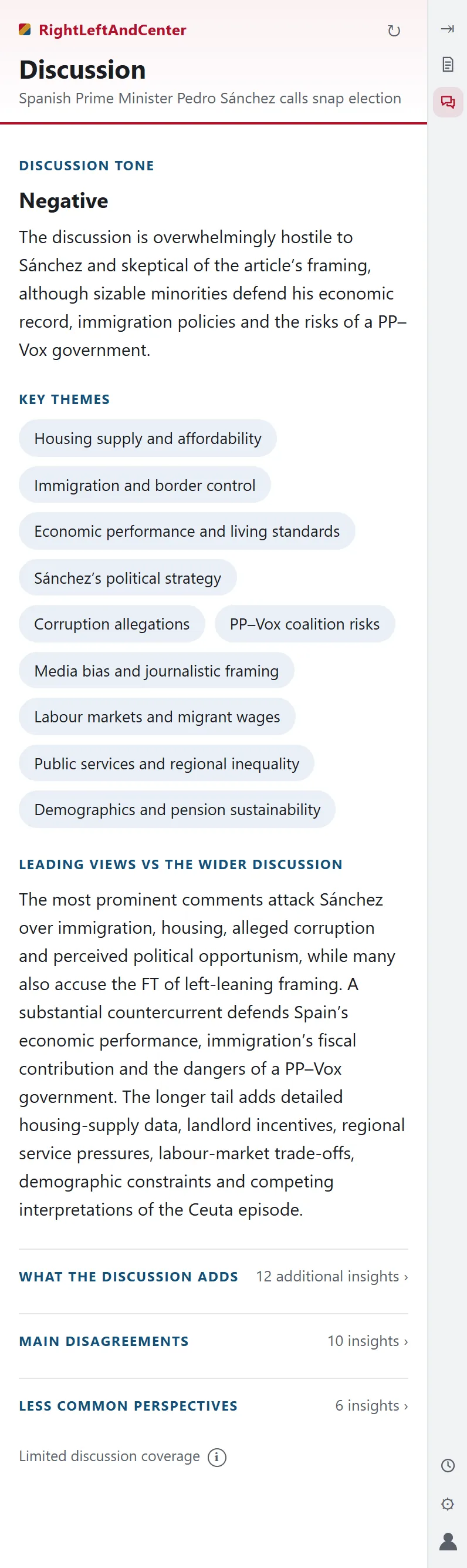 The real RightLeftAndCenter side panel showing the Discussion surface: discussion tone, key themes, leading views versus the wider discussion, what the discussion adds, main disagreements and less common perspectives.