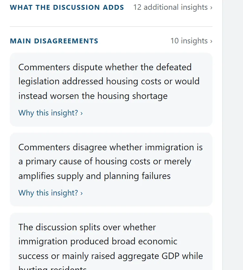 Real panel capture: Main disagreements, expanded to show paraphrased points of disagreement.