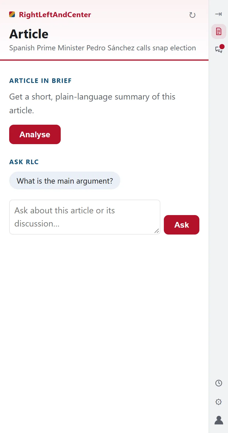Real capture: the RLC side panel open beside an article, before analysis, offering to analyse it.