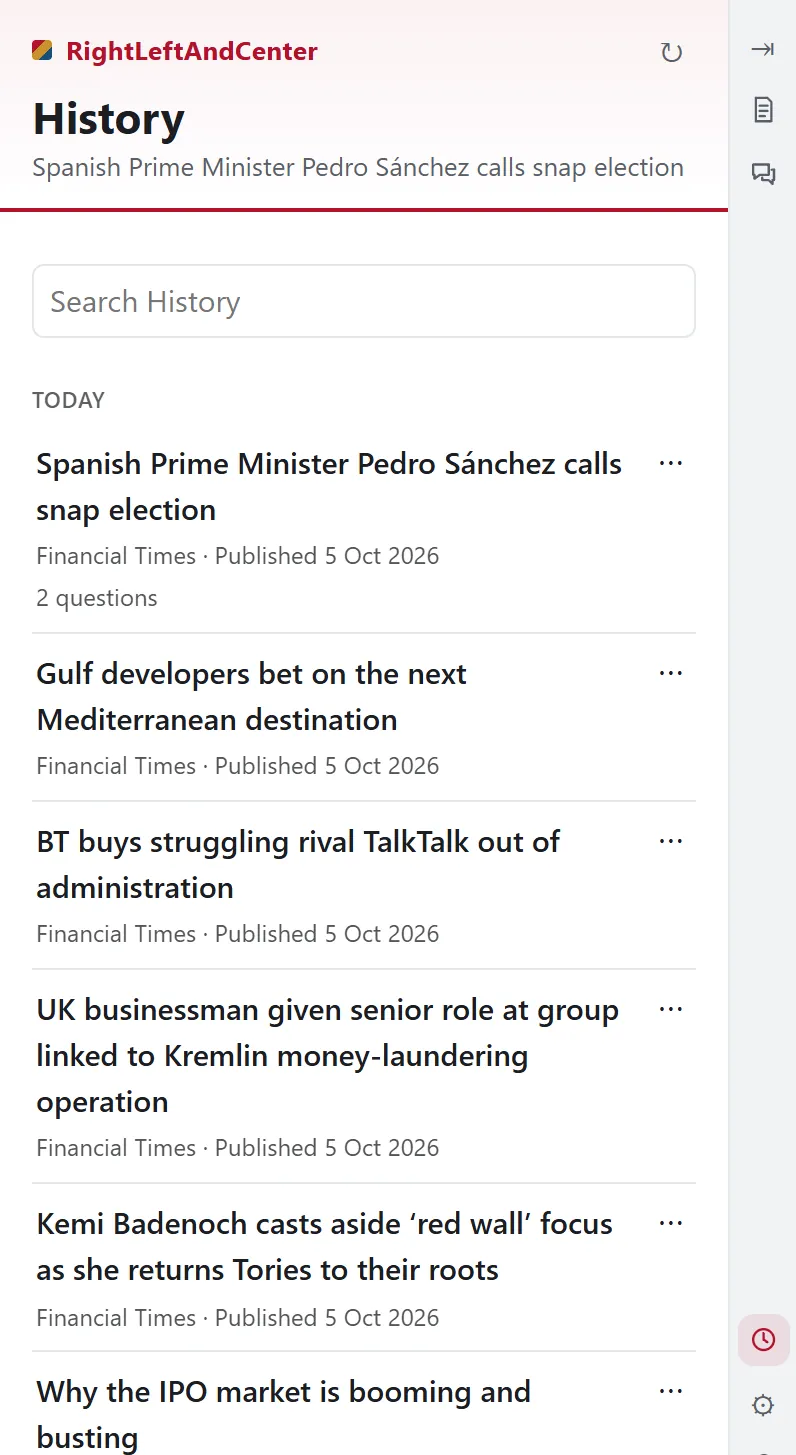 Real RLC History view listing recently analysed articles.